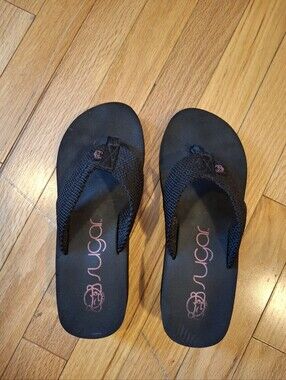 Sugar Black Flip Flop Sandals with Pink Logo